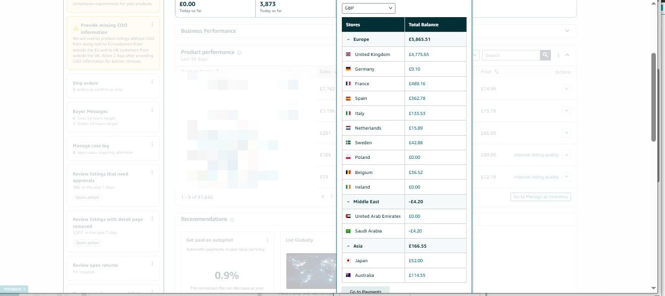Amazon Seller Central account balances across UK, EU, Middle East and Asia marketplaces